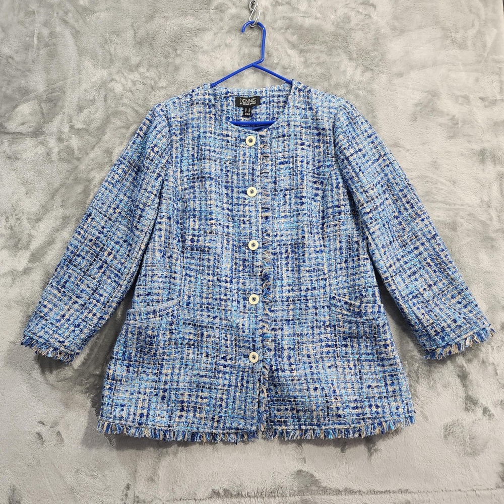 NEW Dennis Basso Jacket Womens 16 Blue Tweed Collarless Fringe Button Lined
